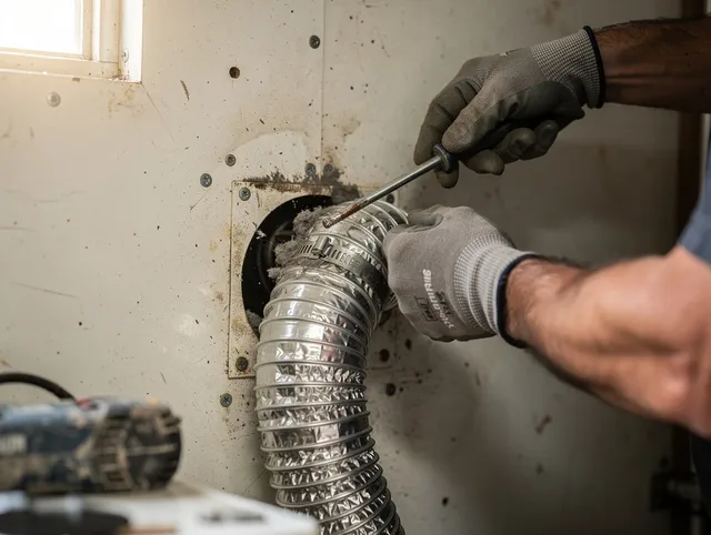 West Rancho Dominguez Dryer Vent Cleaning technician performing precise dryer vent hose installation in West Rancho Dominguez